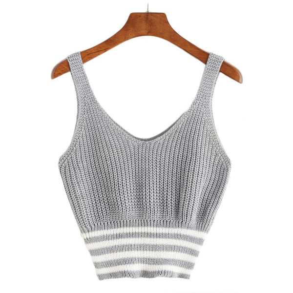 Marled Knit Double V Neck Striped Hem Tank Top 2022 Grey Patchwork Casual Crop Top Vest Workout Top Vest For Women