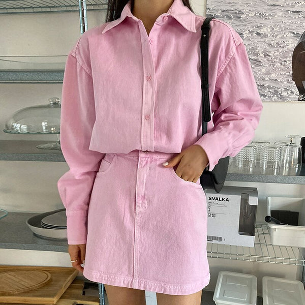 Sweet And Playful Pink Lapel Loose Long-sleeved Shirt + High-waist Thin A-line Skirt Short Skirt Female 2022