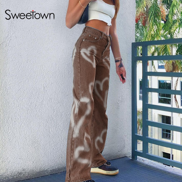 Sweetown Brown Baggy E Girl Jeans Women Heart Print Aesthetic Vintage 90s Streetwear Denim Trousers Low Waist Straight Pants