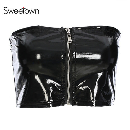 Bustier Camisole Tank Top Women Zipper Summer Style Fitness Clothing 2022 Streetwear Black Leather Cropped Top Female