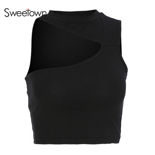 Off Shoulder Knitted Bustier Crop Top Women Round Neck Hollow Out Chest Sleeveless Tube Tank Tops Summer Sexy Camis Top