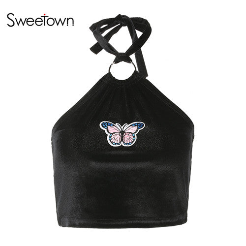 Women Sexy Crop Camisole 2022 Cropped Feminino Tops Butterfly Applique Black Sleeveless Feminino Bralette Summer Camis