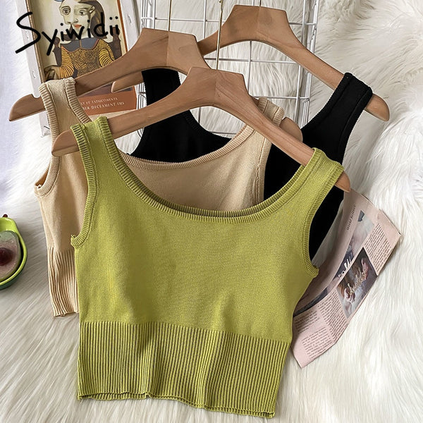Syiwidii Screw Thread Camis Women Casual Sexy Crop Tops Knitted Solid Black Green Tank Tops Summer 2022 Fashion Short Clothing