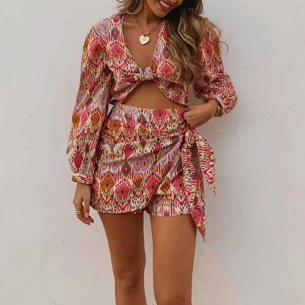 TRAF 2023 Knot Floral Top Women Vintage Print Crop Top Female Long Puff Sleeve Summer Blouses Beach Chic Woman Blouse