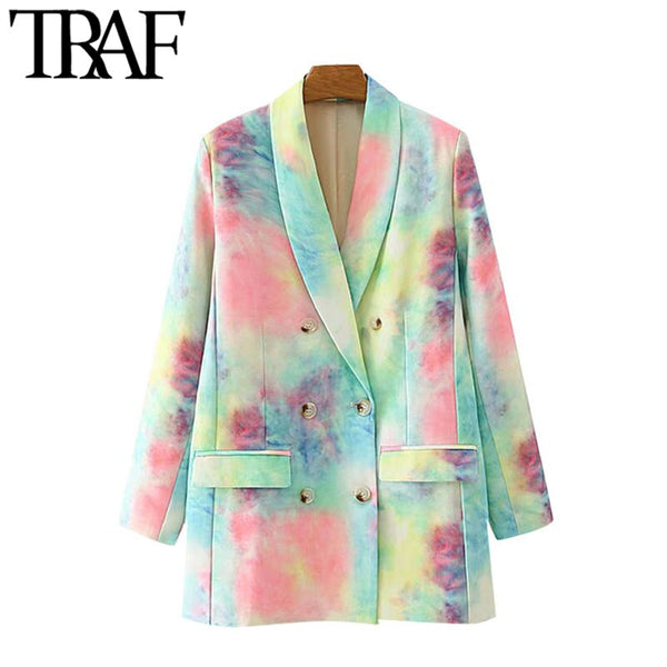 TRAF Women Double Breasted Tie-dye Print Blazer Coat Vintage Long Sleeve Pockets Female Outerwear Chic Tops