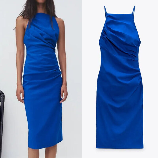 TRAF Za Pleated Dress Woman Blue Slip Dress Women Backless Ruched Summer Dresses 2022 Sleeveless Slim Sexy Party Dresses