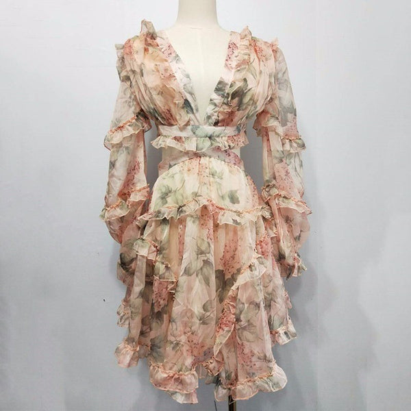 Sexy Print Dress Female Chiffon V Neck Hollow Out Lantern Sleeve High Waist Mini Dresses Summer Fashion Sweet New