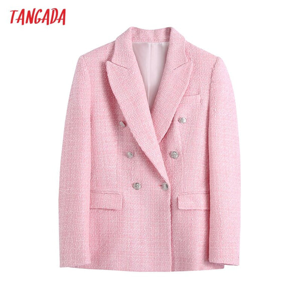 Tangada Women Pink Double Breasted Tweed Suit Blazer Coat Vintage Long Sleeve Pockets Female Outerwear BE755