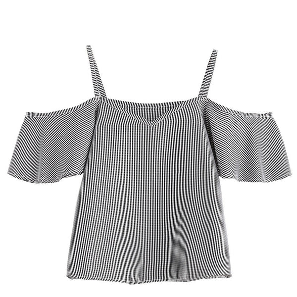 Tank Top Women 2022 Women Summer Pinstripe Blouse Cold Shoulder Blouse Tops T-Shirt Camisole Feminina V-Neck Cute Ruffle Jane 28