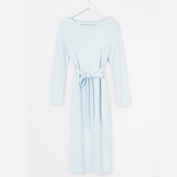 Light Blue Belt Women Dress Winter 2022 New Solid Long Sleeve Mid-Calf Straight Dresses O-Neck Casual Vestidos