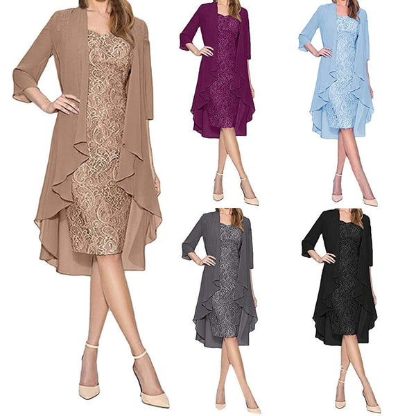 Two Pieces Chiffon Dress Women's Charming Solid Color Mother Of The Bride Lace Dresses Office Ladies Casual Vestidos