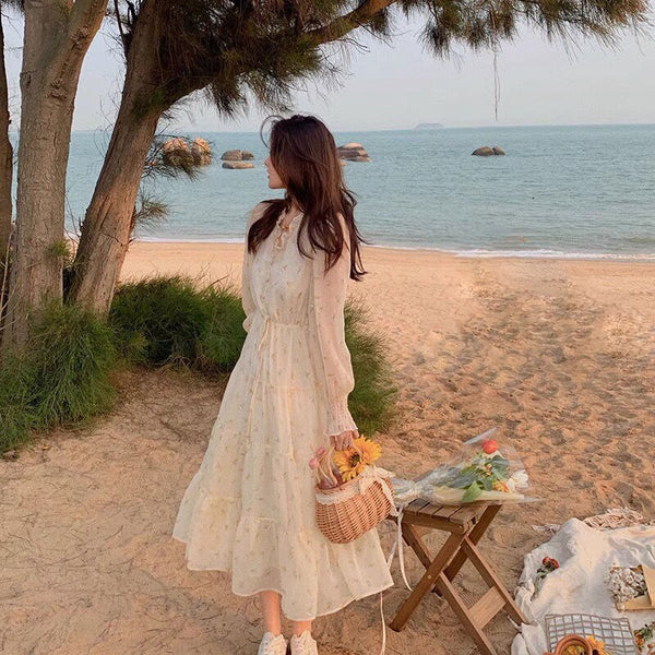 V-neck Elegant Sweet Dress Women Long Sleeve Chiffon Floral Dress Party Beach Dress for Females Korean Style 2023 Summer Chic