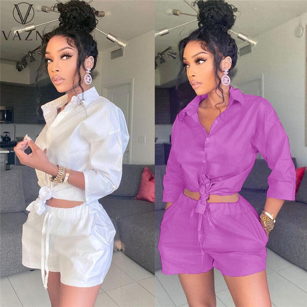 VAZN 2023 Solid Summer Modern V-Neck Full Sleeve Elegant Street Clothing Suits 2 Piece Set Women Top And Pant