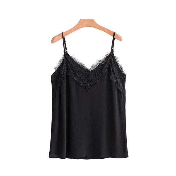 basic V neck lace patchwork camis tops sleeveless shirt adjustable straps blouse female spring black brand tops WT524