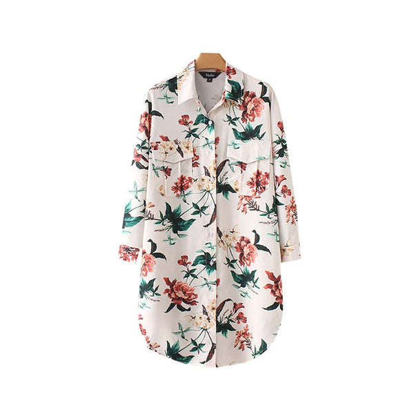 floral print oversized long blouse pockets long sleeve turn down collar split shirt female loose casual tops blusas LA159