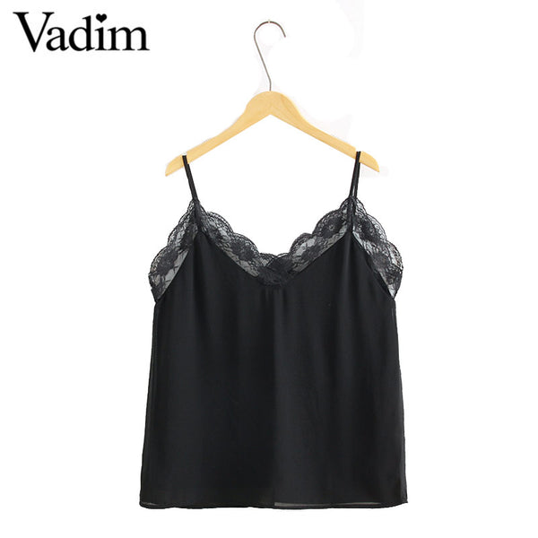 sexy V neck lace patchwork camis blouse with lining sleeveless backless shirt ladies black chic tank tops WT387
