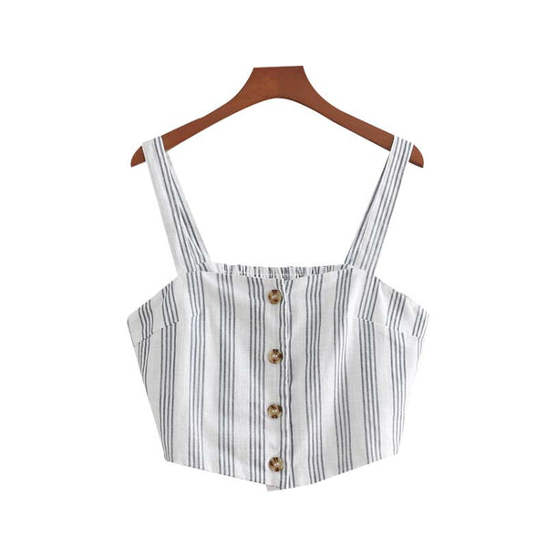 vintage striped crop tops blouse short style camis buttons staps sleeveless shirts female summer chic blusas WA030