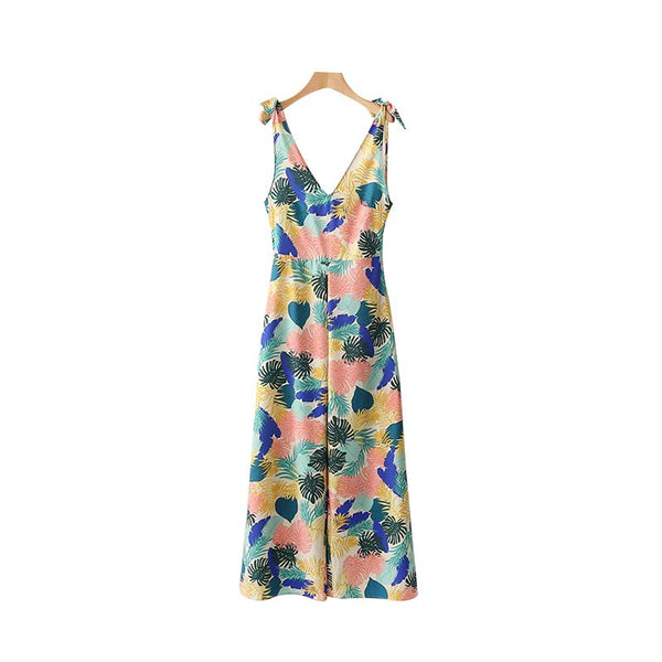 women elegant leaves pattern V neck jumpsuits bow tie sleeveless pleated rompers ladies summer casual playsuits KA127