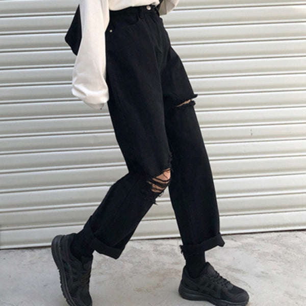 Vintage Loose Jeans Black Straight Wide Leg Jeans High Waist Ripped Jeans for Women Knee Ripped Pants Mom Jeans Boyfriends