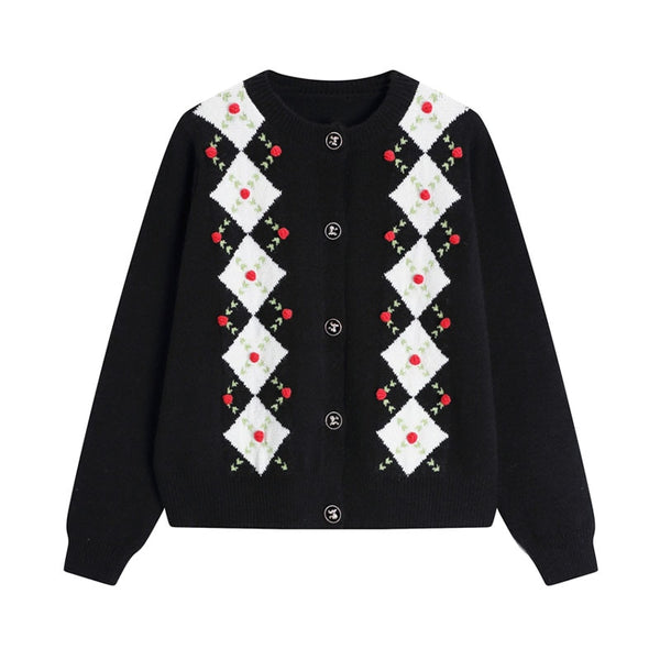 Vintage Plaid Long Sleeve Women Black Cardigan Sweater Autumn Winter England Style 50s 60s Knitted Sweaters Kawaii Womes Tops