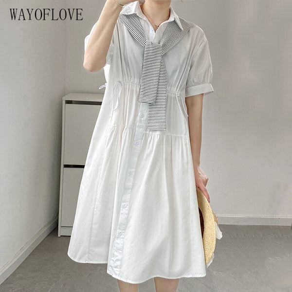 WAYOFLOVE White Pure Cotton Dress Summer Button Short Sleeve Casual Plus Size Midi Dresses Woman Slim Dresses With Shawl