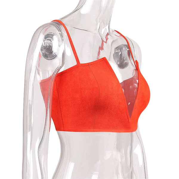 WannaThis Suede Deep V Neck Tops Women Red Sleeveless Backless Crop Tops Zipper Strap Sexy Club Tops Tees 2022 Summer Brand Lady