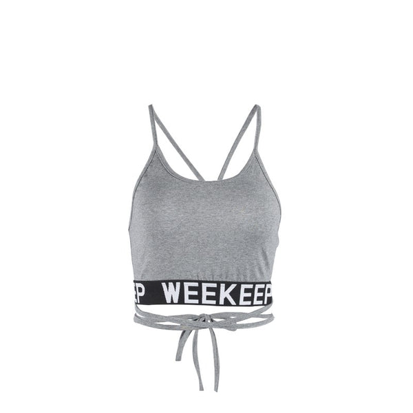 Women Fitness Tank Top Letter Print Patchwork Backless Crop Top Fashion Bandage Bow Cropped Feminino Halter Tops