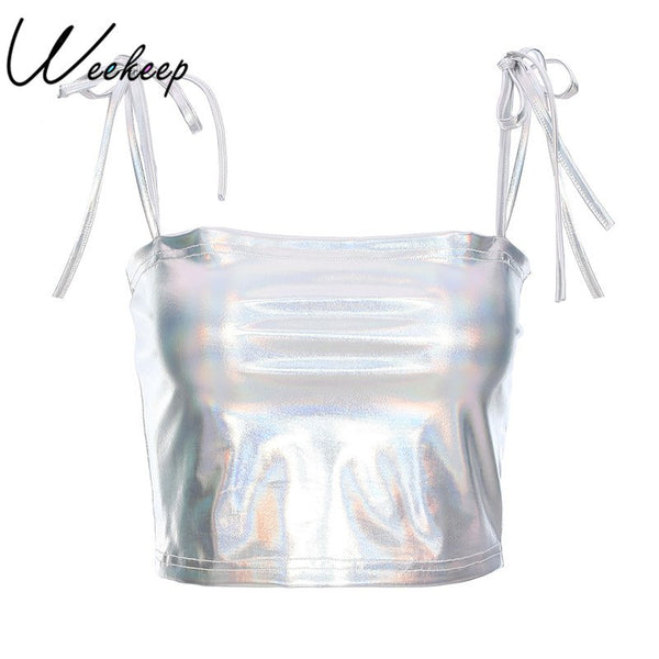 Sexy Cropped PU Leather Camisole Women Backless Sleevess Bralette Sequin Crop Top Summer Streetwear Boob Tube Top