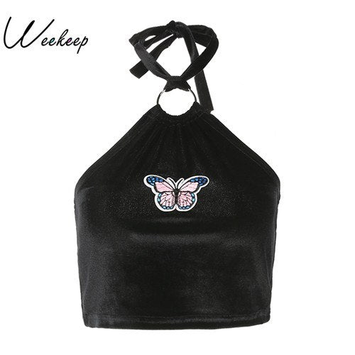 Women Sexy Halter Cropped Camisole Butterfly Applique Black Sleeveless Crop Top Feminino Bralette Fashion Summer Camis