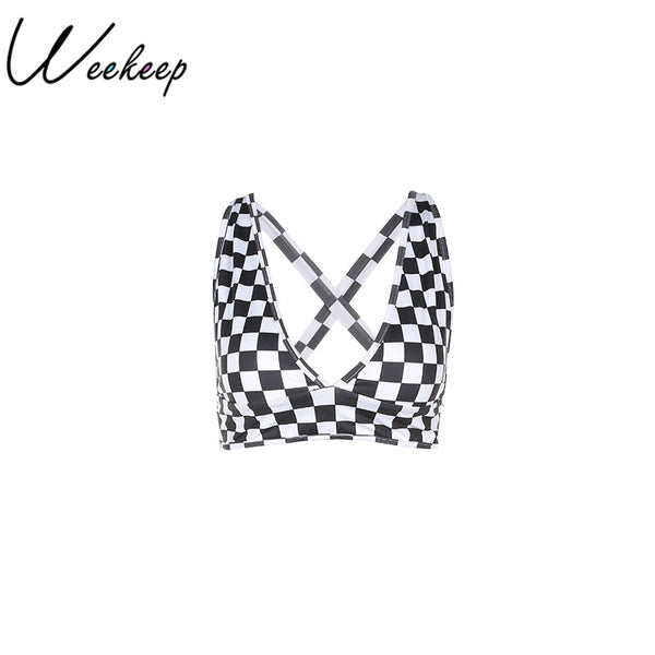 Women Sexy Party&Club Cropped Tank Top Checkerboard Print 2022 Camis Women Hot sexy Women Summer High Crop Top