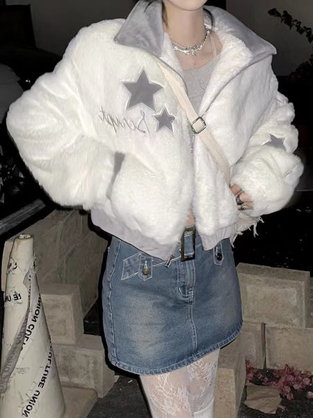Winter Faux Fur Y2K Cropped Jacket White Coat for Women Stand Collar Patchwork Long Sleeve Zip Up Plush Jacket Korean Streetwear