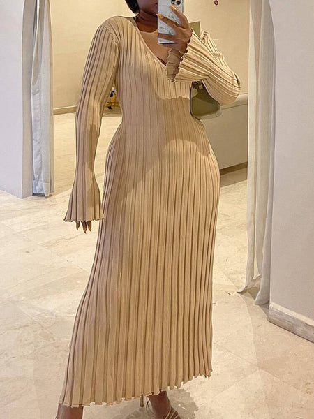 Winter Knitted Bodycon Dress Women Elegant Pleated A-line Dress Ribbed Long Sleeve Long Dress Female V-neck Knitwear Dress Robe