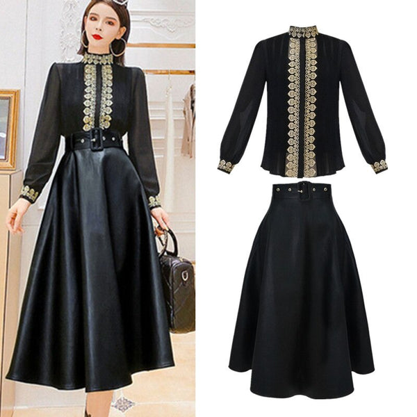 With Belt! Women Autumn Spring Vintage Golden Embroidery Blouses And PU Long Elegant Skirts Suit Sets Clothing Set NS604