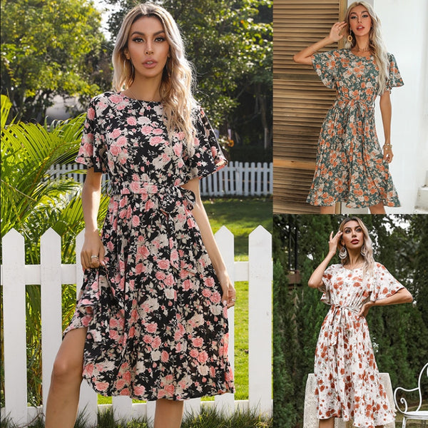 Woman 2023 Summer Dress O-Neck Flower Print Butterfly Sleeve Knee-Length платье женское Dresses Women Vestidos Elegantes Para