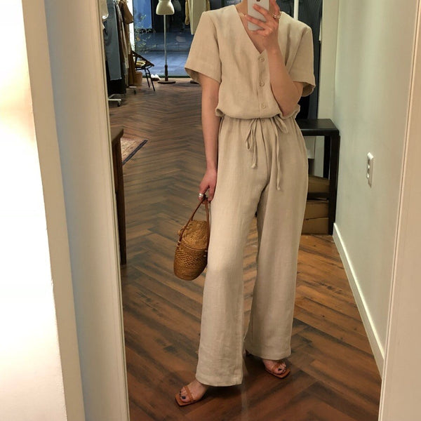 Woman Wide Leg Jumpsuit Bowknot Belt V-neck Rompers Causal Elegant Long Loose Cotton Bodysuit 2022 Fashion Female Vestidos