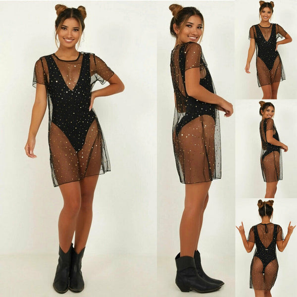 Women 1PC Swimwear Cover Up Sequined Mesh Dress Bikini Swimwear Swimsuit Beach
