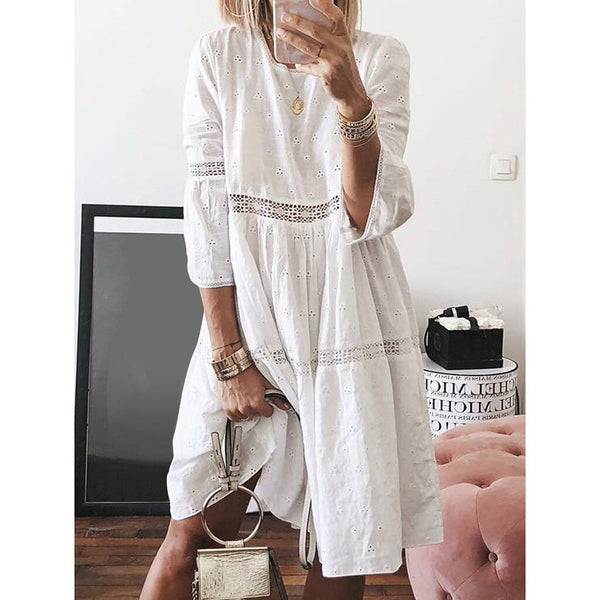 Women Bohemia Solid O-neck Dress Hollow Splice 3/4 Sleeve Mid-long Dresses Summer Holiday Beach Loose Sundress Ropa Mujer #T2G