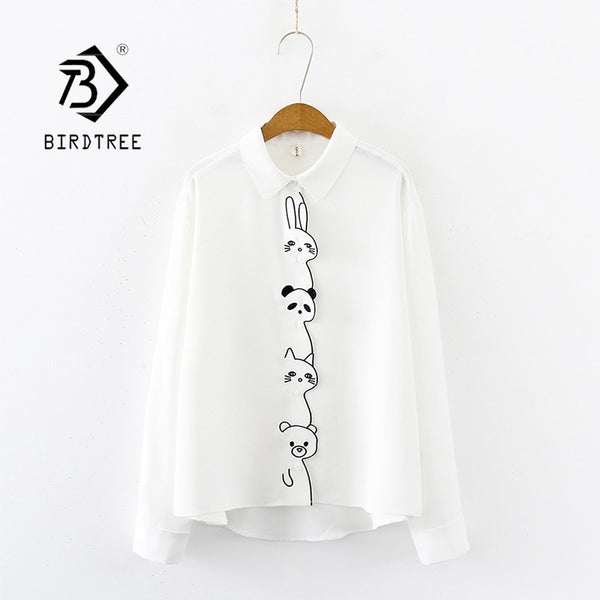 Women Cartoon Rabbit Panda Cat Bear Embroidery Cotton White Shirt Turn-Down Collar Button Up Cute Girls Blouse Feminina Blusa T9