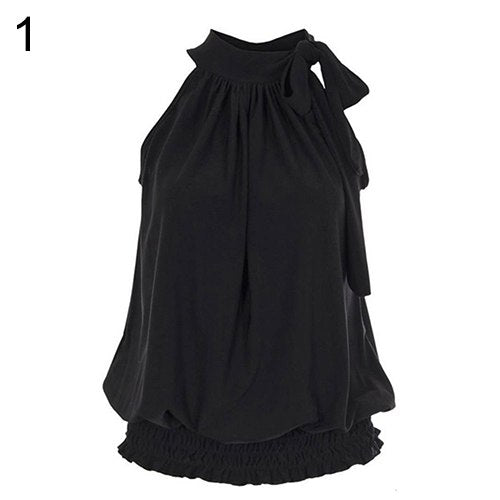 Women Chiffon Sexy Casual Solid Pleated Halter Neck Elastic Hem Sleeveless Vest Tops 2022 New Summer Loose Female Ladies Shirt