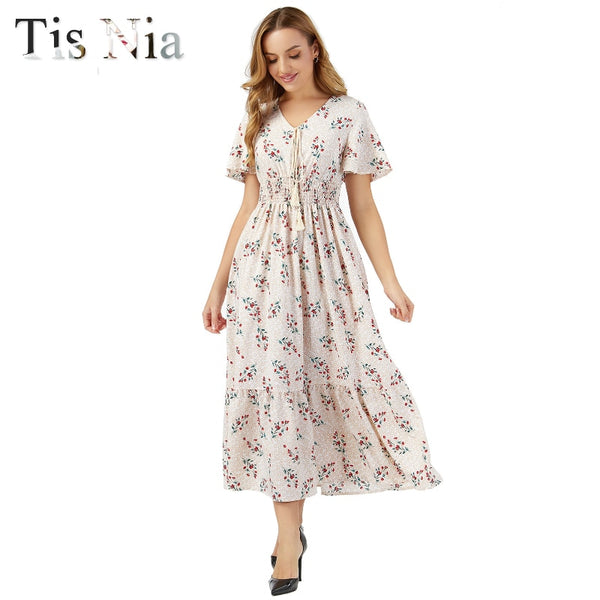 Women Dresses Summer 2023 Sexy V Neck Floral Print Boho Beach Dress Ruffle Short Sleeve A Line Mini Dress Wrap Sundress Robe