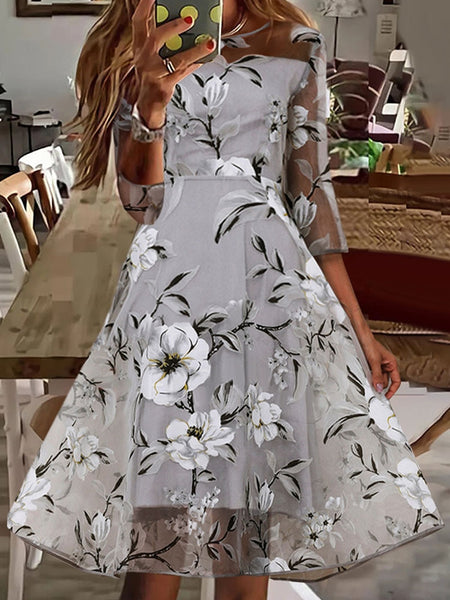 Women Elegant 3/4 Sleeve Mesh Splicing Party Dresses Casual Loose Floral Print A-Line Dress Spring O-Neck Long Dresses Vestidos