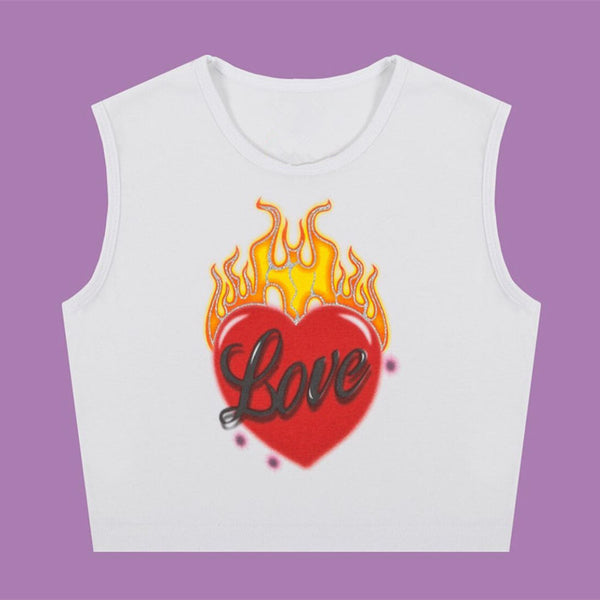 Women Harajuku Crop Top Summer 2022 Fla Red Heart Print Cropped T-Shirt 90s Belly Unif Sexy Croptop Sleeveless Vest Tank Tops
