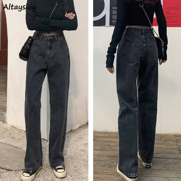 Women Jeans Solid Black Retro Vintage Zipper Spring Straight Trousers All-match Students Ulzzang Baggy High Waist Causal