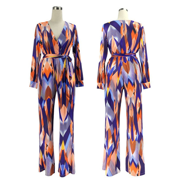 Women Jumpsuits Geometric Print Casual Wide Leg Loose Sleepwear Long Jumpsuit Plus Size 2022