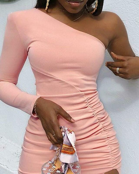 Women One Shoulder Pink Mini Dress Party Club Sexy Slim Dress