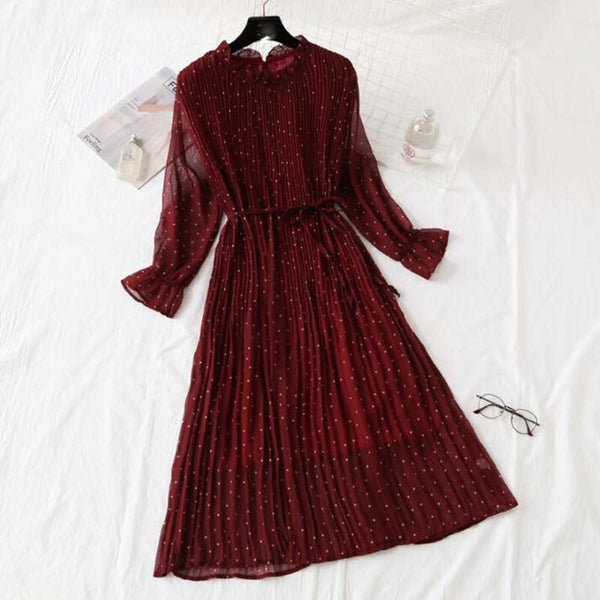 Women Print Pleated Chiffon Dress 2022 Spring Summer Female Casual Flare Sleeve Lotus leaf neck Basic Dresses