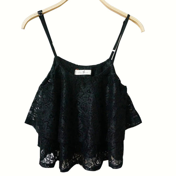 Women Sexy Spaghetti Strap Ruffle Hem 2 Layers Crop Tops Female Crew Neck Casual Camis Tank Vest Blusa