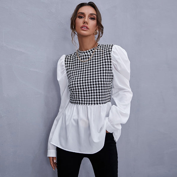 Women Shirt Spring Houndstooth Shirt Casual Stitching Tops Female Long Sleeve Plaid Shirt Chic Office Ladies Blouses