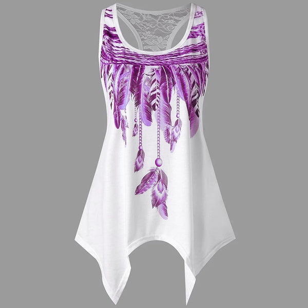 Women Sleeveless Feather Printed Vest Tank Top Summer O Neck Asymmetrical Tops Tee Shirt New Women Clothing Plus Size T-shirt