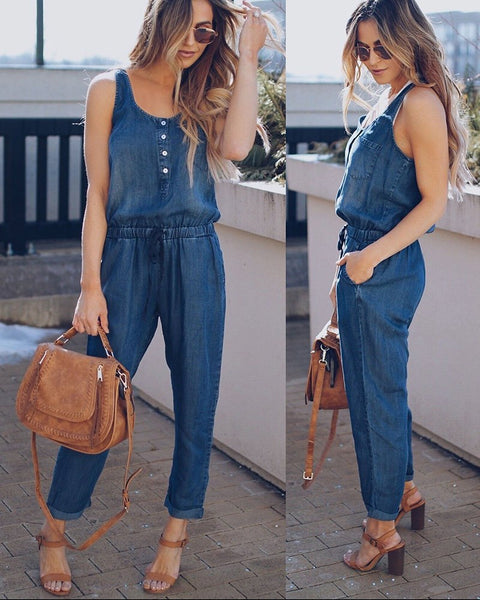 Women Strap Wide Legs Bodycon Jumpsuit Cowboy Romper Sleeveless Denim Trousers Clubwear